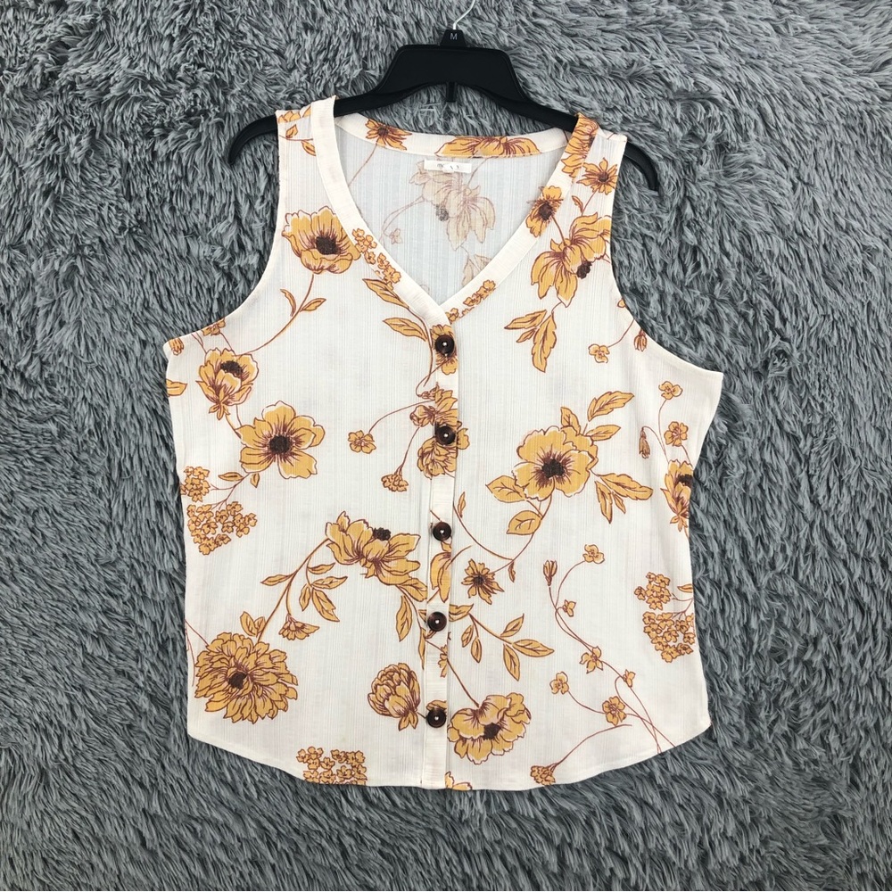 Maurices Blouse Womens Size 1 White Vneck Floral Flowers Top Sleeveless